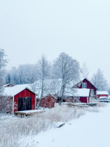 Winter landscape with red boat houses in Jakobstad